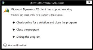 Microsoft Dynamics AX client has topped working, Debug the program 1